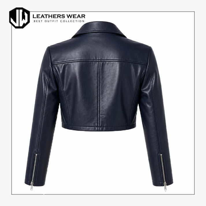 Womens Navy Blue Cropped Leather Jacket