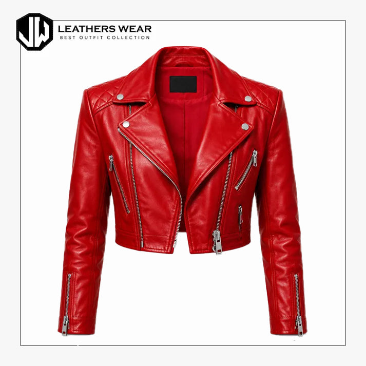 Womens Red Lambskin Leather Biker Jacket