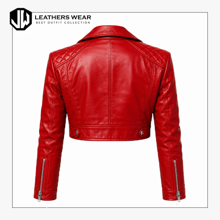Womens Red Lambskin Leather Biker Jacket