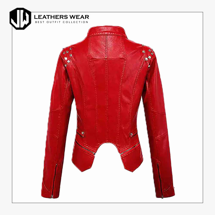 WomensRedLeatherStuddedJacket