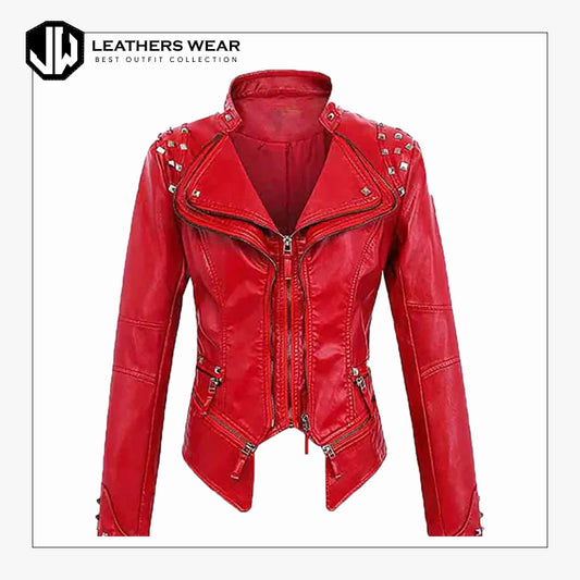 WomensRedLeatherStuddedJacket1