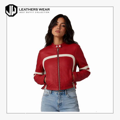 Womens Red Racing Style Leather Jacket