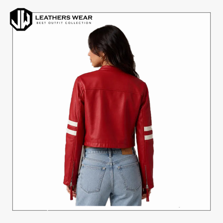 Womens Red Racing Style Leather Jacket