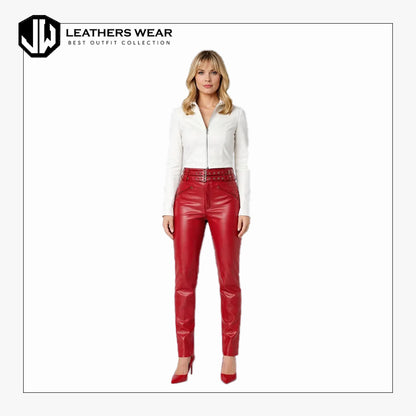 Womens Red sheepskin Leather Pants