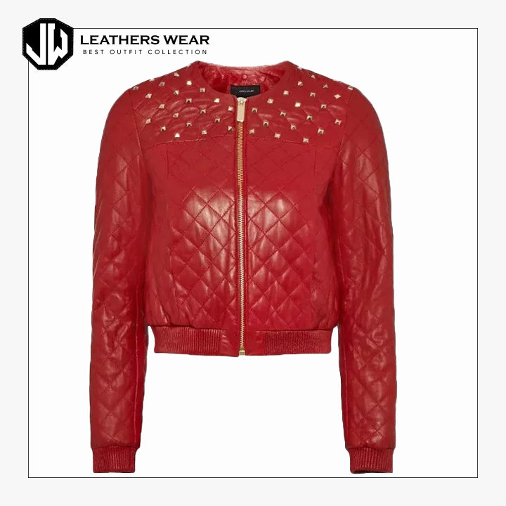 Womens Studded Cropped Bomber Leather Jacket