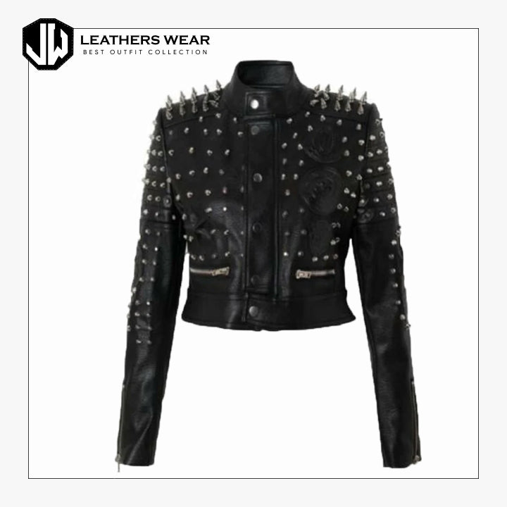 WomensStudsBikerLeatherJacket