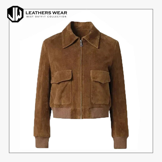 Womens Suede Leather Bomber Jacket