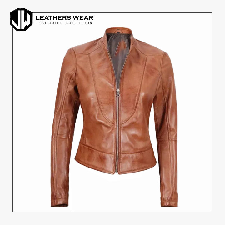 Womens Tan Leather Biker Jacket