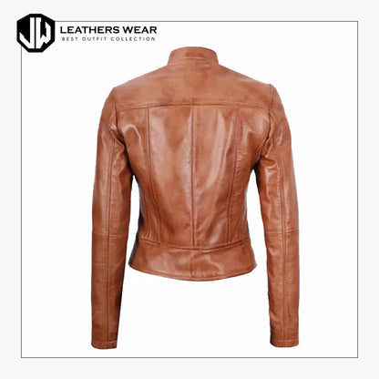 Womens Tan Leather Biker Jacket