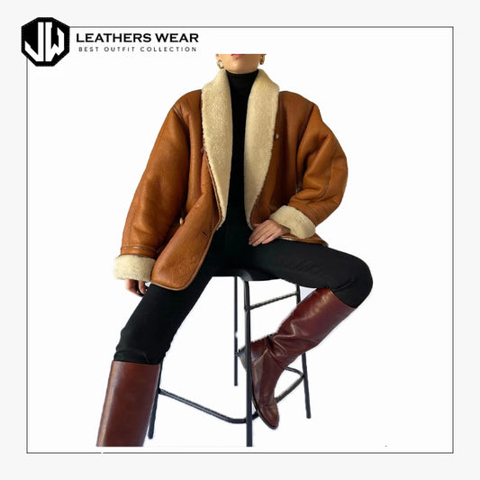 Womens Vintage Brown Shearling Leather Coat