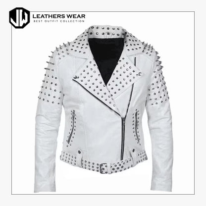 Womens White Leather Studded Jacket