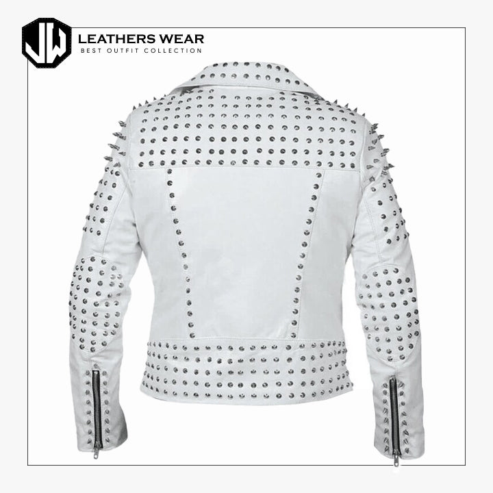 Womens White Leather Studded Jacket