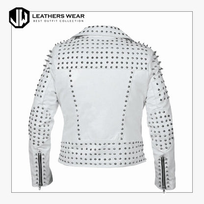 Womens White Leather Studded Jacket