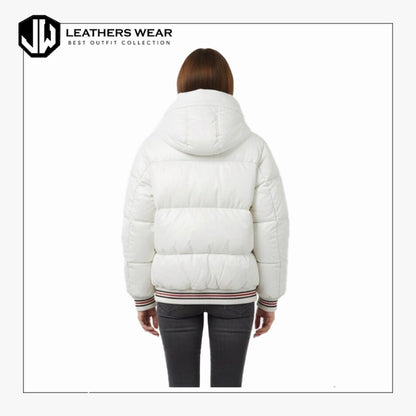 Womens White Real Leather Puffer Jacket