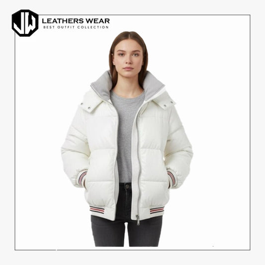 Womens White Real Leather Puffer Jacket