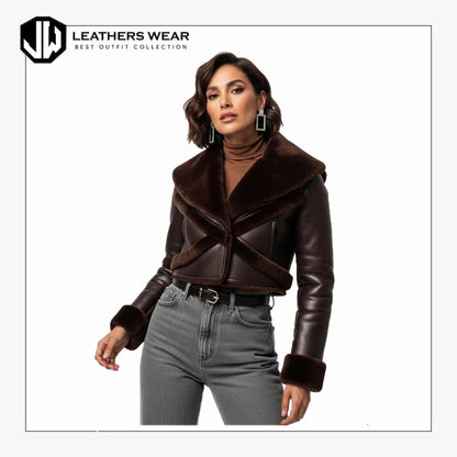 Womes Leather Crop Shearling Jacket