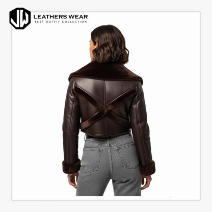 Womes Leather Crop Shearling Jacket