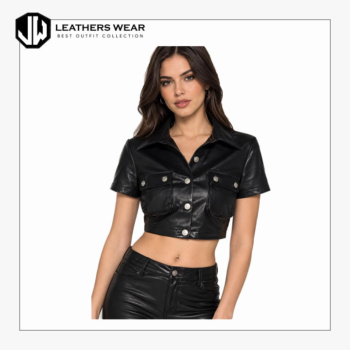 Womwn Black Leather Crop Top