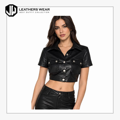 Womwn Black Leather Crop Top