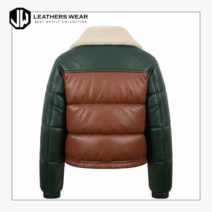 Women Leather Bomber Style Puffer Jacket