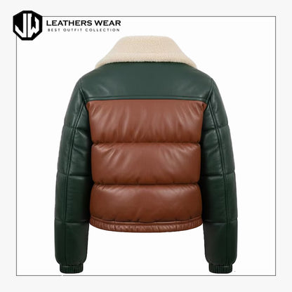 Women Leather Bomber Style Puffer Jacket